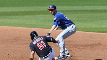 GOODYEAR, AZ - FEBRUARY 25: Pinch runner Mark Mathias #81 of the Cleveland Indians is forced out at second base as Eli White #80 of the Texas Rangers turns a double play during the fourth inning of a spring training game at Goodyear Ballpark on February 25, 2019 in Goodyear, Arizona. (Photo by Norm Hall/Getty Images)