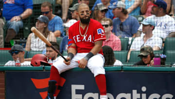 ARLINGTON, TX - JUNE 2: Rougned Odor #12 of the Texas Rangers waits during a break in the action as the Rangers play the Kansas City Royals during the eighth inning at Globe Life Park in Arlington on June 2, 2019 in Arlington, Texas. The Rangers won 5-1. (Photo by Ron Jenkins/Getty Images)