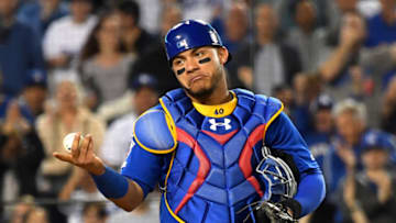 LOS ANGELES, CA - JUNE 14: Willson Contreras #40 of the Chicago Cubs looks into the dugout after Alex Verdugo #27 of the Los Angeles Dodgers scored a run in the fifth inning of the game Dodger Stadium on June 14, 2019 in Los Angeles, California. (Photo by Jayne Kamin-Oncea/Getty Images)