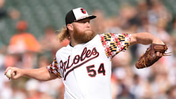 BALTIMORE, MD - JUNE 29: Andrew Cashner #54 of the Baltimore Orioles pitches in the second inning during a baseball game against the Cleveland Indians at Oriole Park at Camden Yards on June 29, 2019 in Baltimore, Maryland. (Photo by Mitchell Layton/Getty Images)