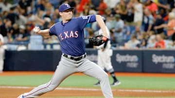 ST. PETERSBURG, FL - JUNE 29: Peter Fairbanks #46 of the Texas Rangers delivers a pitch during the bottom of the seventh inning of their game against the Tampa Bay Rays at Tropicana Field on June 29, 2019 in St. Petersburg, Florida. (Photo by Joseph Garnett Jr. /Getty Images)