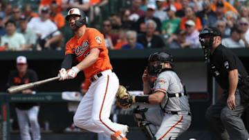 BALTIMORE, MARYLAND - JUNE 01: Trey Mancini #16 of the Baltimore Orioles bats against the San Francisco Giants at Oriole Park at Camden Yards on June 1, 2019 in Baltimore, Maryland. (Photo by Patrick Smith/Getty Images)