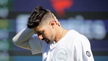CHICAGO, ILLINOIS - AUGUST 24: Nicholas Castellanos #6 of the Chicago Cubs reacts after a late inning against the Washington Nationals at Wrigley Field on August 24, 2019 in Chicago, Illinois. The Nationals defeated the Cubs 7-2. (Photo by Jonathan Daniel/Getty Images)