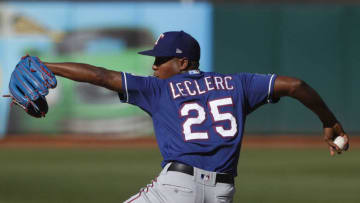 OAKLAND, CA - SEPTEMBER 22: Jose Leclerc #25 of the the Texas Rangers delivers a pitch during the ninth inning against the Oakland Athletics at Ring Central Coliseum on September 22, 2019 in Oakland, California. The Rangers defeated the Athletics 8-3. (Photo by Stephen Lam/Getty Images)