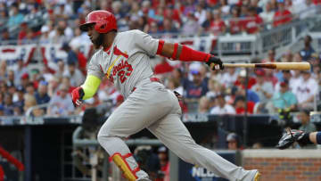 ATLANTA, GEORGIA - OCTOBER 04: Marcell Ozuna #23 of the St. Louis Cardinals grounds out in the second inning of game two of the National League Division Series at SunTrust Park on October 04, 2019 in Atlanta, Georgia. (Photo by Kevin C. Cox/Getty Images)