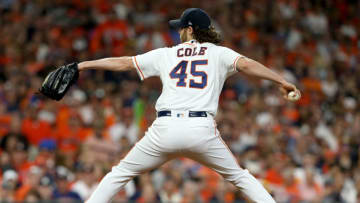 HOUSTON, TEXAS - OCTOBER 05: Gerrit Cole #45 of the Houston Astros delivers in the first inning of Game 2 of the ALDS against the Tampa Bay Rays at Minute Maid Park on October 05, 2019 in Houston, Texas. (Photo by Bob Levey/Getty Images)