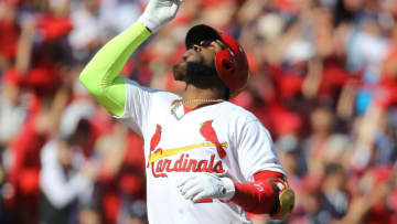 ST LOUIS, MISSOURI - OCTOBER 07: Marcell Ozuna #23 of the St. Louis Cardinals celebrates his solo home run against the Atlanta Braves during the first inning in game four of the National League Division Series at Busch Stadium on October 07, 2019 in St Louis, Missouri. (Photo by Scott Kane/Getty Images)