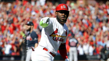 ST LOUIS, MISSOURI - OCTOBER 07: Marcell Ozuna #23 of the St. Louis Cardinals celebrates after hitting a solo home run against the Atlanta Braves during the first inning in game four of the National League Division Series at Busch Stadium on October 07, 2019 in St Louis, Missouri. (Photo by Scott Kane/Getty Images)