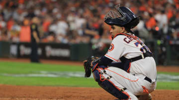 HOUSTON, TEXAS - OCTOBER 29: Robinson Chirinos #28 of the Houston Astros looks on against the Washington Nationals during the seventh inning in Game Six of the 2019 World Series at Minute Maid Park on October 29, 2019 in Houston, Texas. (Photo by Mike Ehrmann/Getty Images)