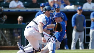Texas Rangers prospect Sam Huff makes a play during 2020 Spring Training (Photo by Ralph Freso/Getty Images)