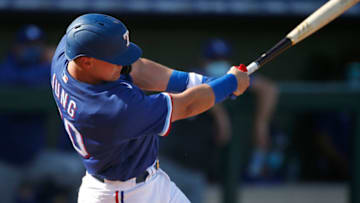 SURPRISE, ARIZONA - MARCH 07: Josh Jung #70 of the Texas Rangers during an at bat against the Los Angels Dodgers in the eighth inning of the MLB spring training baseball game at Surprise Stadium on March 07, 2021 in Surprise, Arizona. (Photo by Ralph Freso/Getty Images)