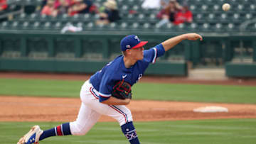 SURPRISE, ARIZONA - MARCH 23: Kolby Allard #39 of the Texas Rangers pitches in the fifth inning against the Los Angeles Angels during the MLB spring training game at Surprise Stadium on March 23, 2021 in Surprise, Arizona. (Photo by Abbie Parr/Getty Images)