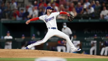 ARLINGTON, TEXAS - MAY 18: Hunter Wood #47 of the Texas Rangers throws against the New York Yankees in the sixth inning at Globe Life Field on May 18, 2021 in Arlington, Texas. (Photo by Ronald Martinez/Getty Images)