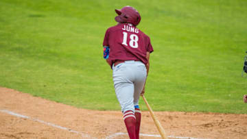 AMARILLO, TEXAS - JULY 25: Infielder Josh Jung #18 of the Frisco RoughRiders hits a home run during the game against the Amarillo Sod Poodles at HODGETOWN Stadium on July 25, 2021 in Amarillo, Texas. (Photo by John E. Moore III/Getty Images)