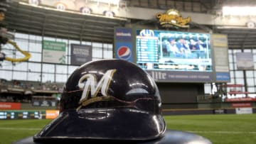 MILWAUKEE, WI - APRIL 09: A helmet rest on a stool before the game against the Houston Astros and the Milwaukee Brewers at Miller Park on April 09, 2016 in Milwaukee, Wisconsin. (Photo by Mike McGinnis/Getty Images)
