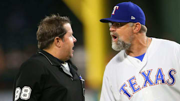 ARLINGTON, TX - JULY 31: Doug Brocail #46 of the Texas Rangers contest a balk call and is ejected from the game by Doug Eddings #88 umpire in the ninth inning at Globe Life Park in Arlington on July 31, 2017 in Arlington, Texas. (Photo by Rick Yeatts/Getty Images)
