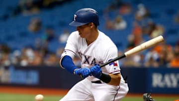 ST. PETERSBURG, FL - AUGUST 31: Drew Robinson #18 of the Texas Rangers strikes out looking to pitcher Collin McHugh of the Houston Astros end the top of the fourth inning of a game on August 31, 2017 at Tropicana Field in St. Petersburg, Florida. (Photo by Brian Blanco/Getty Images)