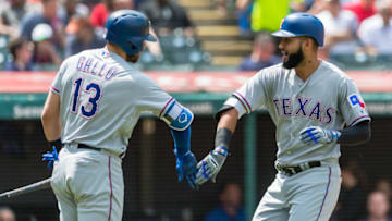 CLEVELAND, OH - MAY 2: Joey Gallo #13 celebrates with Nomar Mazara #30 of the Texas Rangers after Mazara hit a solo home run during the second inning against the Cleveland Indians at Progressive Field on May 2, 2018 in Cleveland, Ohio. (Photo by Jason Miller/Getty Images)