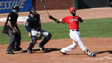 ARLINGTON, TX - MAY 09: Nomar Mazara #30 of the Texas Rangers hits a walk off homerun in the 10th inning against the Detroit Tigers at Globe Life Park in Arlington on May 9, 2018 in Arlington, Texas. (Photo by Ronald Martinez/Getty Images)