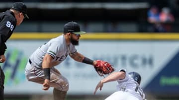 SEATTLE, WA - MAY 28: Second baseman Rougned Odor #12 of the Texas Rangers tags out a stealing Kyle Seager #15 of the Seattle Mariners at second base during the eighth inning of a game at Safeco Field on May 28, 2018 in Seattle, Washington. The Mariners won the game 2-1. MLB players across the league are wearing special uniforms to commemorate Memorial Day. (Photo by Stephen Brashear/Getty Images)