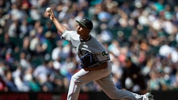SEATTLE, WA - MAY 28: Reliever Jose Leclerc #62 of the Texas Rangers delivers a pitch during the seventh inning of a game against the Seattle Mariners at Safeco Field on May 28, 2018 in Seattle, Washington. The Mariners won the game 2-1. MLB players across the league are wearing special uniforms to commemorate Memorial Day. (Photo by Stephen Brashear/Getty Images)