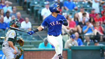 ARLINGTON, TX - JUNE 05: Nomar Mazara #30 of the Texas Rangers hits in the first inning against the Oakland Athletics at Globe Life Park in Arlington on June 5, 2018 in Arlington, Texas. (Photo by Rick Yeatts/Getty Images)