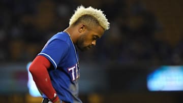 LOS ANGELES, CA - JUNE 13: Delino DeShields #3 of the Texas Rangers stands on the field after he lines out with a runner on base to end the ninth inning of the game against the Los Angeles Dodgers at Dodger Stadium on June 13, 2018 in Los Angeles, California. (Photo by Jayne Kamin-Oncea/Getty Images)