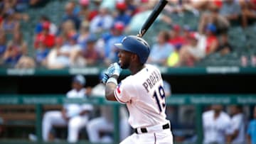 ARLINGTON, TX - JUNE 17: Jurickson Profar #19 of the Texas Rangers hits a game tying two-run double against the Colorado Rockies during the seventh inning at Globe Life Park in Arlington on June 17, 2018 in Arlington, Texas. The Rangers won 13-12. (Photo by Ron Jenkins/Getty Images)