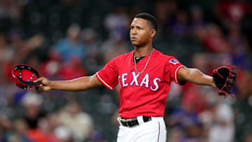 ARLINGTON, TX - AUGUST 06: Jose Leclerc #62 of the Texas Rangers reacts after shutting down the Seattle Mariners in the top of the ninth inning at Globe Life Park in Arlington on August 6, 2018 in Arlington, Texas. (Photo by Tom Pennington/Getty Images)