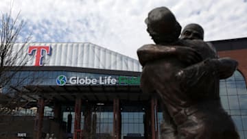 ARLINGTON, - MARCH 26: The "Going to the World Series" sculpture by Harry Weber is seen in front of Globe Life Field, the new home of the Texas Rangers on March 26, 2020 in Arlington, Texas. The Rangers had to delay their March 31, 2020 debut opening of Globe Life Field after Major League Baseball postponed the start of its season due to the COVID-19 outbreak. (Photo by Ronald Martinez/Getty Images)