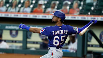 HOUSTON, TEXAS - SEPTEMBER 03: Leody Taveras #65 of the Texas Rangers pops out in the first inning against the Houston Astros at Minute Maid Park on September 03, 2020 in Houston, Texas. Houston won 8-4. (Photo by Bob Levey/Getty Images)