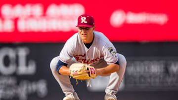 AMARILLO, TEXAS - JUNE 12: Pitcher Jack Leiter #22 of the Frisco RoughRiders squats on the mound during the game against the Amarillo Sod Poodles at HODGETOWN Stadium on June 12, 2022 in Amarillo, Texas. (Photo by John E. Moore III/Getty Images)