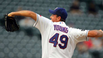 ARLINGTON, TX - AUGUST 23: Pitcher Chris Young #49 of the Texas Rangers throws against the Seattle Mariners on August 23, 2005 at Ameriquest Field in Arlington in Arlington, Texas. (Photo by Ronald Martinez/Getty Images)