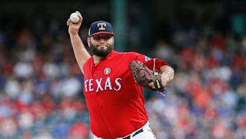 ARLINGTON, TX - JULY 4: Starting pitcher Lance Lynn #35 of the Texas Rangers throws during the first inning of a baseball game against the Los Angeles Angels of Anaheim at Globe Life Park in Arlington on July 4, 2019 in Arlington, Texas. (Photo by Brandon Wade/Getty Images)