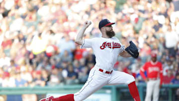 CLEVELAND, OH - AUGUST 04: Corey Kluber #28 of the Cleveland Indians pitches against the Los Angeles Angels of Anaheim during the first inning at Progressive Field on August 4, 2018 in Cleveland, Ohio. The Indians defeated the Angels 3-0. (Photo by David Maxwell/Getty Images)
