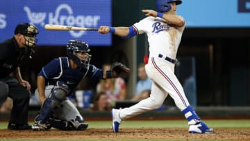 ARLINGTON, TEXAS - MAY 30: Josh Smith #47 of the Texas Rangers bats in the game against the Tampa Bay Rays at Globe Life Field on May 30, 2022 in Arlington, Texas. (Photo by Tim Heitman/Getty Images)