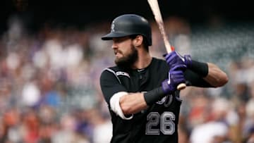 Jun 14, 2019; Denver, CO, USA; Colorado Rockies center fielder David Dahl (26) on deck in the first inning against the San Diego Padres at Coors Field. Mandatory Credit: Isaiah J. Downing-USA TODAY Sports