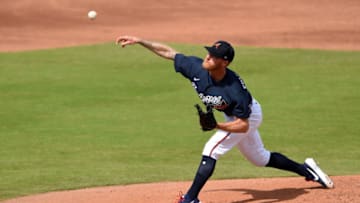Feb 25, 2020; North Port, Florida, USA; Atlanta Braves starting pitcher Mike Foltynewicz (26) pitching against the Minnesota Twins during the third inning at CoolToday Park. Mandatory Credit: John David Mercer-USA TODAY Sports