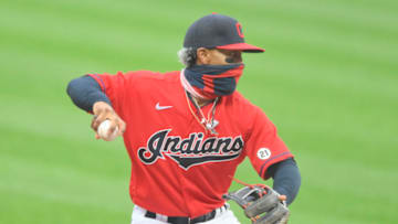 Sep 9, 2020; Cleveland, Ohio, USA; Cleveland Indians shortstop Francisco Lindor (12) throws to first base in the third inning against the Kansas City Royals at Progressive Field. Mandatory Credit: David Richard-USA TODAY Sports