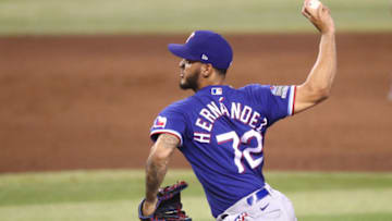Sep 23, 2020; Phoenix, Arizona, USA; Texas Rangers pitcher Jonathan Hernandez against the Arizona Diamondbacks at Chase Field. Mandatory Credit: Mark J. Rebilas-USA TODAY Sports