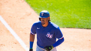 Mar 2, 2021; Glendale, Arizona, USA; Texas Rangers first baseman Ronald Guzman against the Chicago White Sox during a Spring Training game at Camelback Ranch Glendale. Mandatory Credit: Mark J. Rebilas-USA TODAY Sports