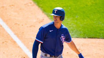Mar 2, 2021; Glendale, Arizona, USA; Texas Rangers outfielder Eli White against the Chicago White Sox during a Spring Training game at Camelback Ranch Glendale. Mandatory Credit: Mark J. Rebilas-USA TODAY Sports