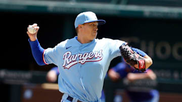 Apr 18, 2021; Arlington, Texas, USA; Texas Rangers starting pitcher Kyle Gibson (44) throws a pitch in the first inning against the Baltimore Orioles at Globe Life Field. Mandatory Credit: Tim Heitman-USA TODAY Sports