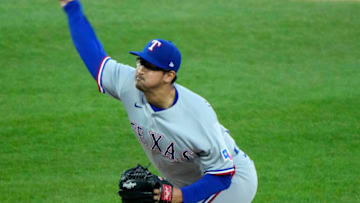 Apr 23, 2021; Chicago, Illinois, USA; Texas Rangers starting pitcher Dane Dunning (33) throws a pitch against the Chicago White Sox during the first inning at Guaranteed Rate Field. Mandatory Credit: Mike Dinovo-USA TODAY Sports