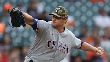 May 14, 2021; Houston, Texas, USA; Texas Rangers starting pitcher Wes Benjamin (63) pitchers against the Houston Astros in the first inning at Minute Maid Park. Mandatory Credit: Thomas Shea-USA TODAY Sports