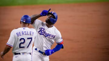 May 17, 2021; Arlington, Texas, USA; Texas Rangers center fielder Adolis Garcia (53) rounds the bases after he hits a home run against the New York Yankees during the second inning at Globe Life Field. Mandatory Credit: Jerome Miron-USA TODAY Sports