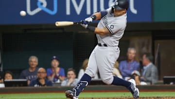 May 18, 2021; Arlington, Texas, USA; New York Yankees second baseman Rougned Odor (18) singles during the second inning against the Texas Rangers at Globe Life Field. Mandatory Credit: Kevin Jairaj-USA TODAY Sports