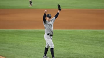 May 19, 2021; Arlington, Texas, USA; New York Yankees starting pitcher Corey Kluber (28) celebrates after throwing a no-hitter against the Texas Rangers at Globe Life Field. Mandatory Credit: Kevin Jairaj-USA TODAY Sports