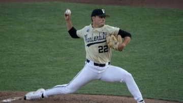 Vanderbilt pitcher Jack Leiter (22) throws a pitch against NC State in the fifth inning during game six in the NCAA Men’s College World Series at TD Ameritrade Park Monday, June 21, 2021 in Omaha, Neb.Nas Vandy Nc State 041