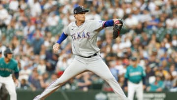Jul 2, 2021; Seattle, Washington, USA; Texas Rangers starting pitcher Kyle Gibson (44) throws against the Seattle Mariners during the fourth inning at T-Mobile Park. Mandatory Credit: Joe Nicholson-USA TODAY Sports